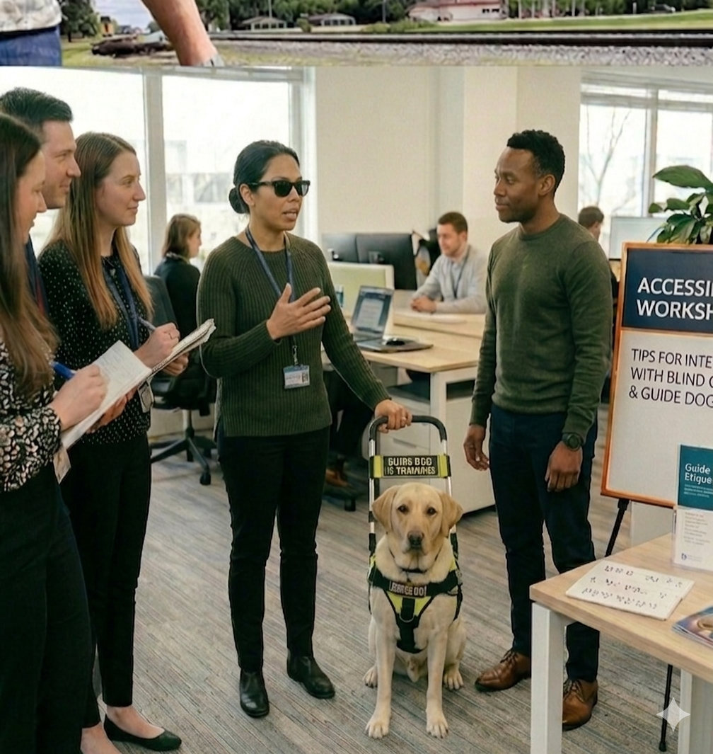 Blind woman providing accessibility training to staff in a professional environment