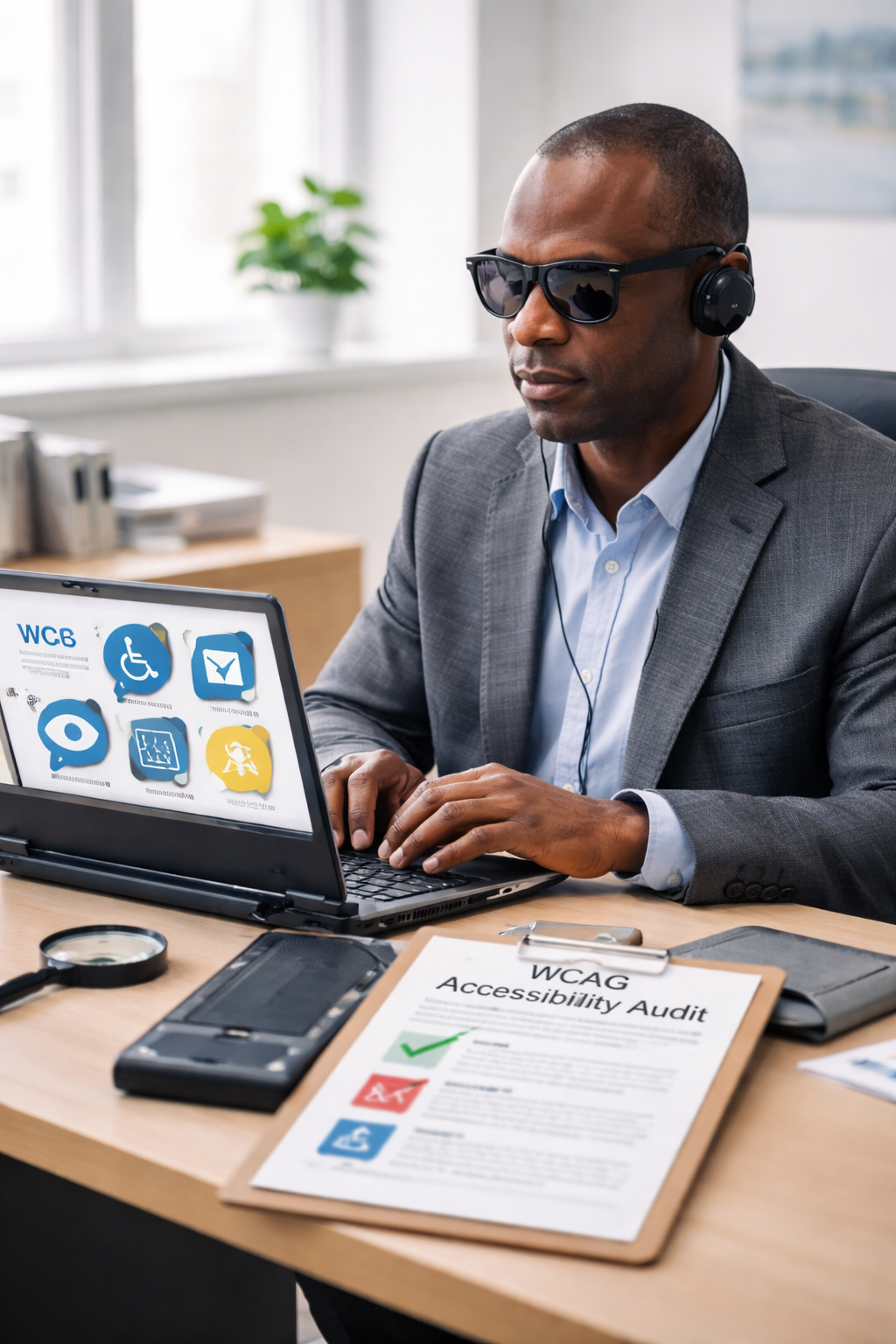 Blind man performing a website accessibility audit using assistive technology